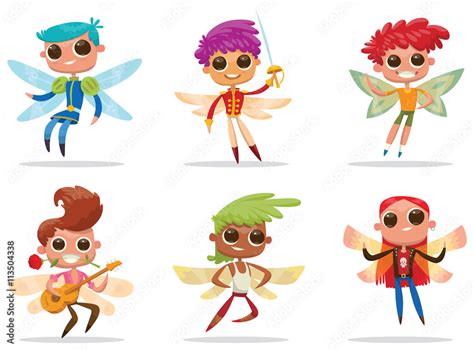 Vecteur Stock Vector Set Of Cartoon Images Of Cute Male Fairies With