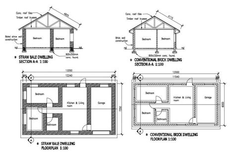 Straw Bale And Brick Dwelling House Constructive Section And Plan