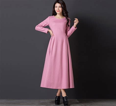 Long Sleeve Wool Dress Long Wool Dress Wool Dress Pink Wool Etsy
