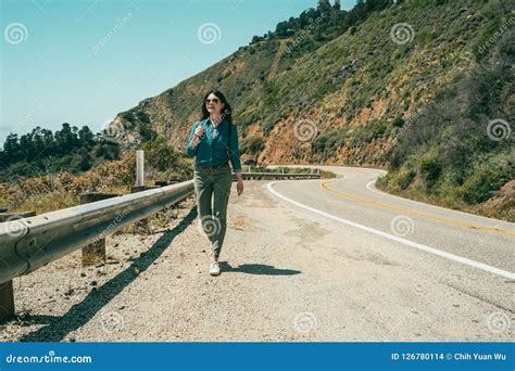 Woman Walking Down The Road While Road Trip Stock Photo Image Of