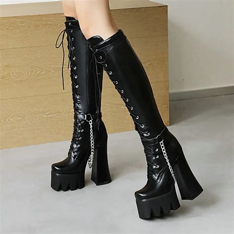 15cm sexy super high heel women knee high boots punk style platform shoes woman square high heel