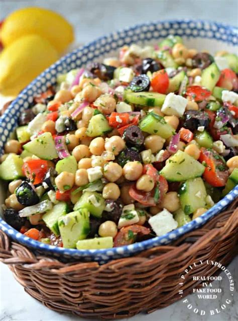 Mediterranean Chickpea And Feta Salad Happily Unprocessed Recipe Easy Mediterranean Diet