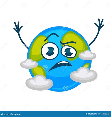 Earth Planet Cartoon Vector Character Sad Or Angry In Clouds With