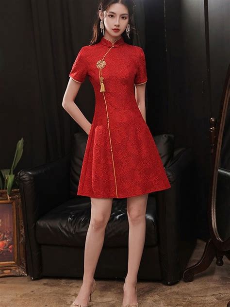 Red Lace A Line Short Qipao Cheongsam Wedding Dress Chinese Dresses Pattern Chinese Dress