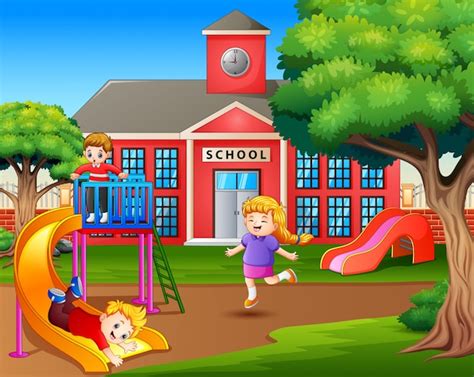 Premium Vector Cartoon Kids Playing On The School Playground