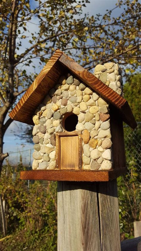 Birdhouse With Stones Covering Front Side And Chimney Etsy Bird