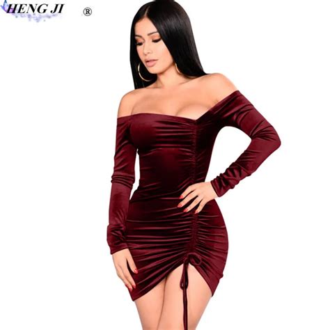Buy Velvet Nightclub Dress Sexy Long Sleeved Drawstring Pleats Pure Color