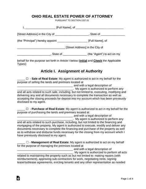 Free Ohio Real Estate Power Of Attorney Form Word Pdf Eforms