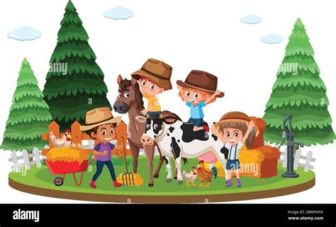 Bauernhof Szene Mit Glücklichen Kindern Und Viele Tiere Auf Dem