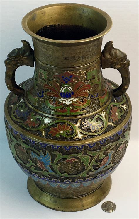 Antique 1900s Japanese Brass Urn Vase Cloisonné Designs W