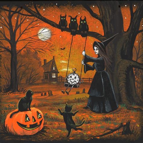 10x10 Haunted Time Ryta Landscape Halloween Witch Black Cat Etsy