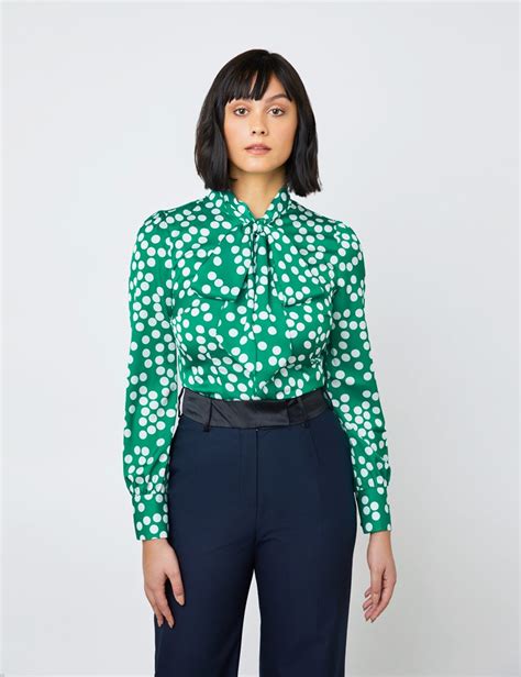 satin women s fitted shirt with spots print and pussy bow in green and whites hawes and curtis uk