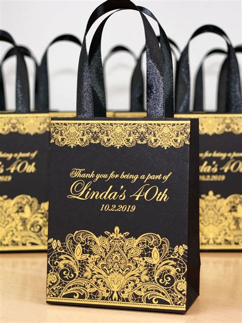 Black Gold Birthday Party Gift Bags With Satin Ribbon Handles And Custom Name Personalized
