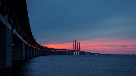 Sea Water Horizon Sweden Bridge Road Pillar Architecture Sunset