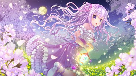 Download 3840x2160 Anime Girl Purple Hair Moon Petals Blossom