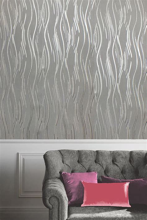 Silver Grey Black Glitter Wallpaper Modern Textured Waves Vinyl Glitter