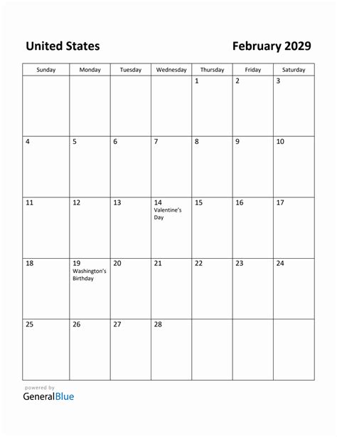 Free Printable February 2029 Calendar For United States