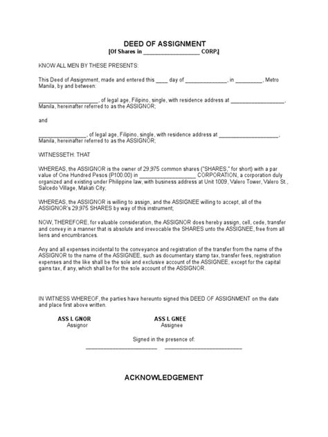 Deed Of Assignment Of Shares Template Assignment Law Natural