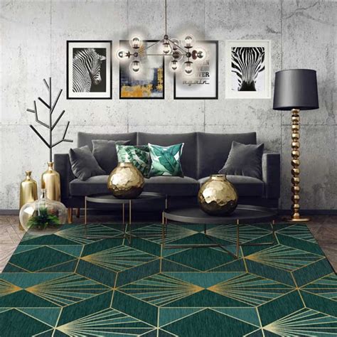 Aovoll Area Rug For Bedroom European Dark Green Gold Geometric Carpet