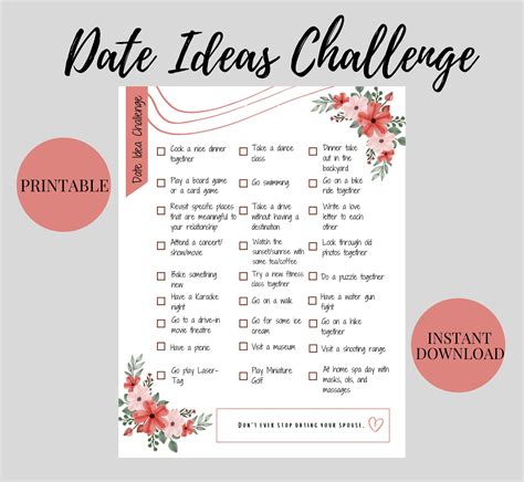 Date Night Idea Challenge Printable Checklist Couples Dating Etsy