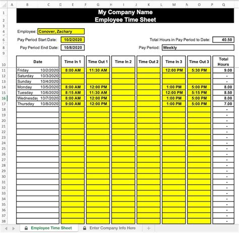 Employee Timesheet Excel Editable And Unprotected Hours Log Time
