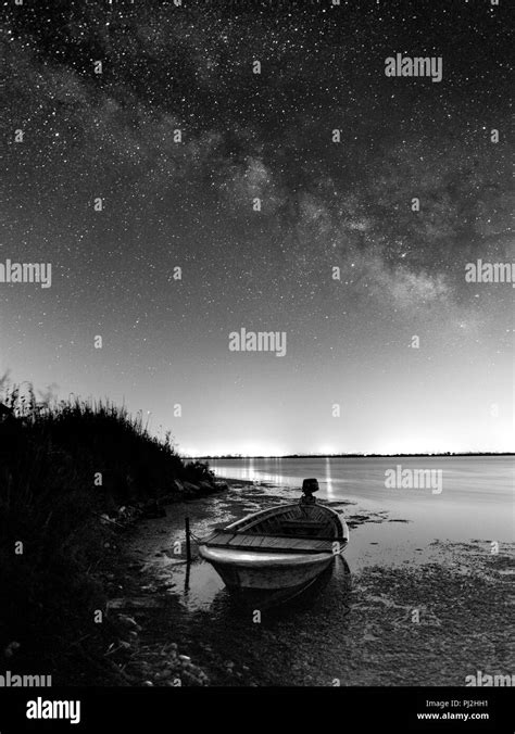 Night Landscape Photography Lake Boat And Milky Way Stock Photo Alamy