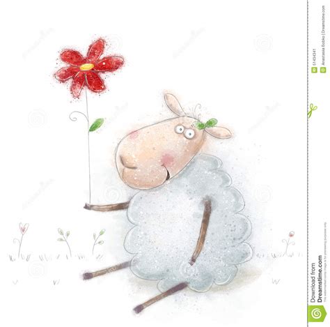 Cute Cartoon Sheep With The Red Flower Valentines Greeting Card Happy