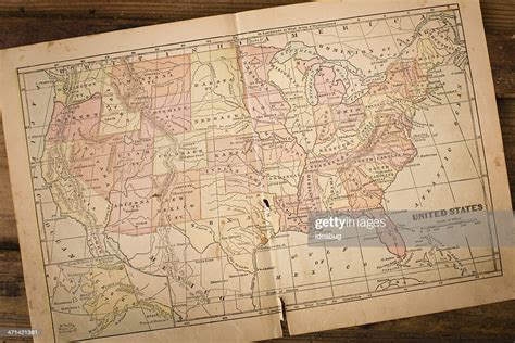 1867 Old Color Map Of United States Sitting On Wood High Res Stock