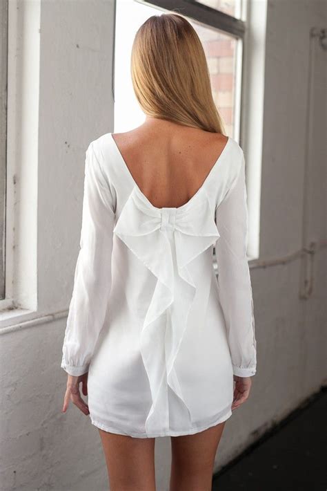 White Long Sleeved Open Back Dress With Bow Fashion Bow Back Dresses