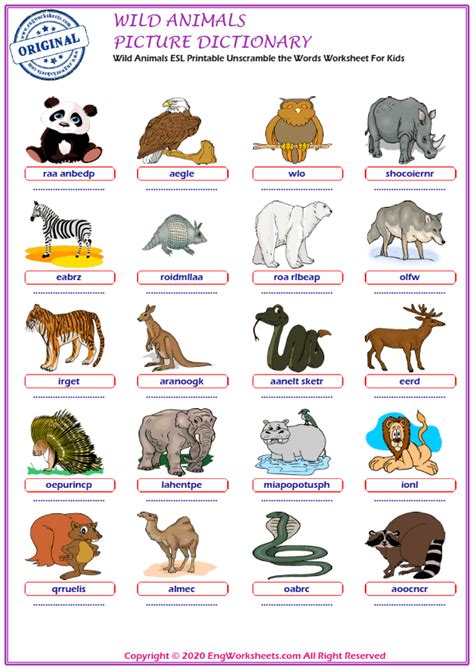 Wild Animals Printable English Esl Vocabulary Worksheets Engworksheets