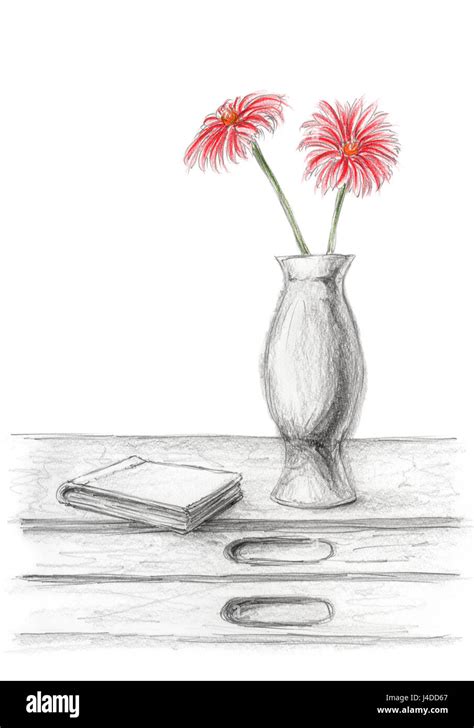 Two Red Flowers In A Vase On Desk With Book Graphite And Colored