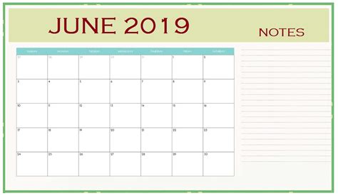 Fillable Calendar For June 2019 Month With Large Space To Print