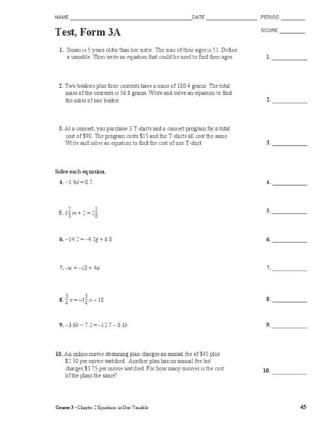 Test 3a Equations In One Variable Pdf