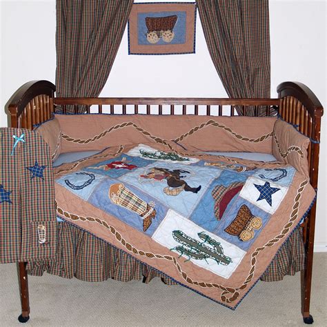 This western themed baby boy crib bedding set combines exclusive cowboy print, cow print, red bandanna print, plaid, denim and microsuede in a patchwork construction. Cowboy Blue and Brown Country Western 6 Piece Crib Set ...