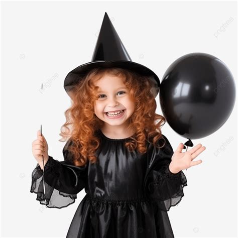 menina fantasiada de bruxa segurando um balão nas mãos comemorando o halloween em casa png