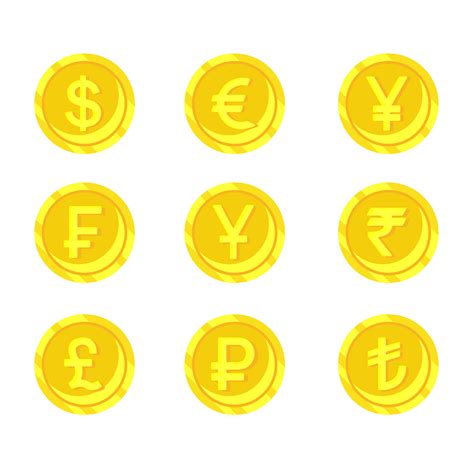 World Currency Symbols Icons Of Coins Dollar Yen Rupee Euro Pound