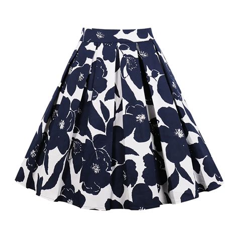 Navy Color Floral Print Women Vintage Skirts Cotton Casual Daily Retro