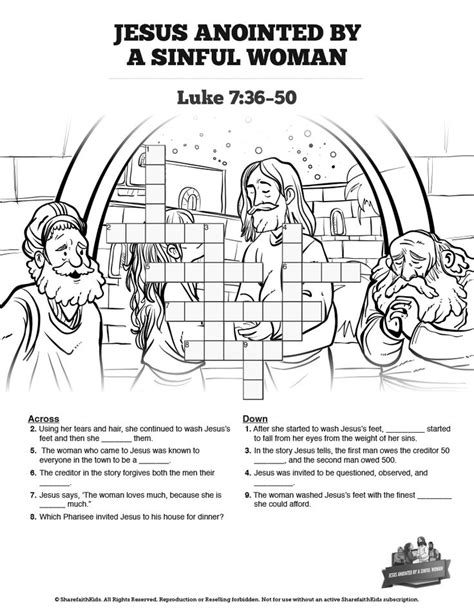 Luke 7 Woman Washes Jesus Feet Sunday School Crossword Puzzles A Woman