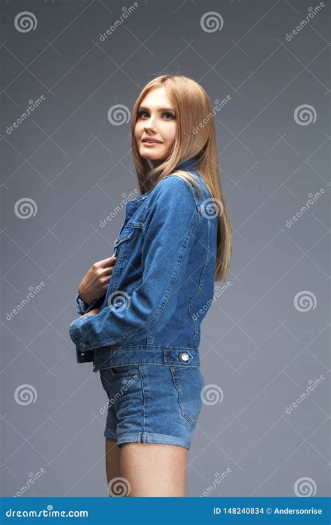 Beautiful Blonde Woman Dressed In A Denim Jacket Stock Photo Image Of Blonde Face