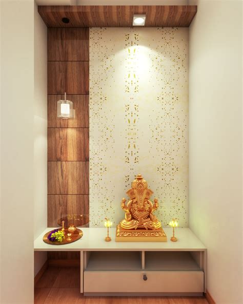 Classic Pooja Room With Unique Wall Paper Livspace