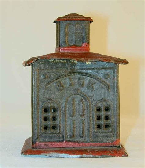 Antique Tin Penny Bank In The Form Of A Bank Building Red