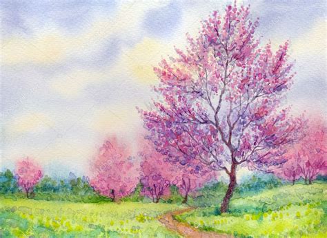 Watercolor Spring Landscape Flowering Tree In A Field — Stock Photo