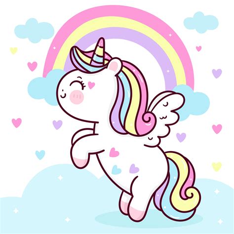 Cute Unicorn Pegasus Vector Flying On Pastel Sky With Sweet Rainbow And