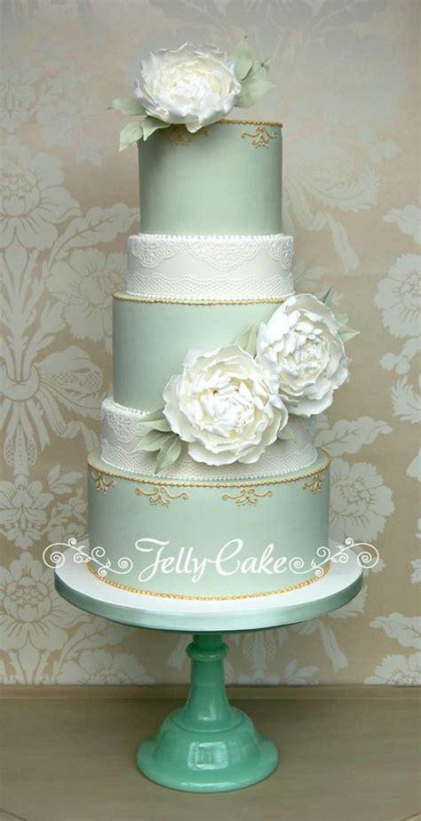 Peonies And Lace Wedding Cake Pale Sage Green Tiers With