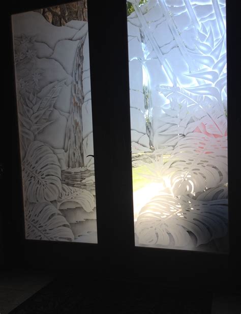 Waterfall Scene W Tropicals Etched Glass Door Glass Door Glass Panels