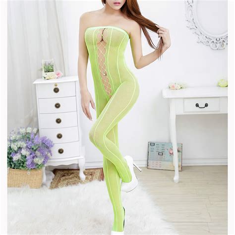 Sexy Light Green Strapless Mesh Bodysuit Lingerie Hollow Out Crotchless