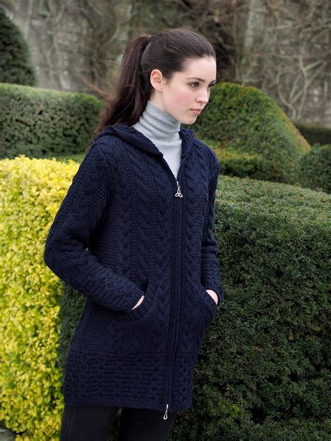 women irish merino wool cardigan hooded pockets full zip aran sweater