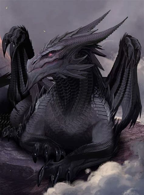 A Large Black Dragon Sitting On Top Of A Cloud Filled Sky Next To A