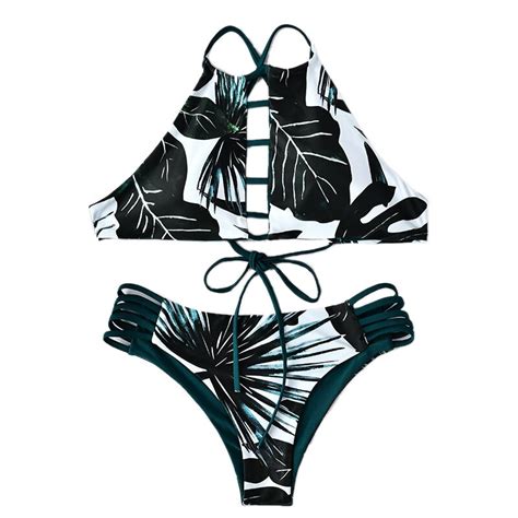 sexy strappy bikins bandage swimwear leaves tropical swimsuit retro bra set brazilian bikinis
