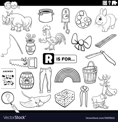 Letter R Words Educational Task Coloring Book Page